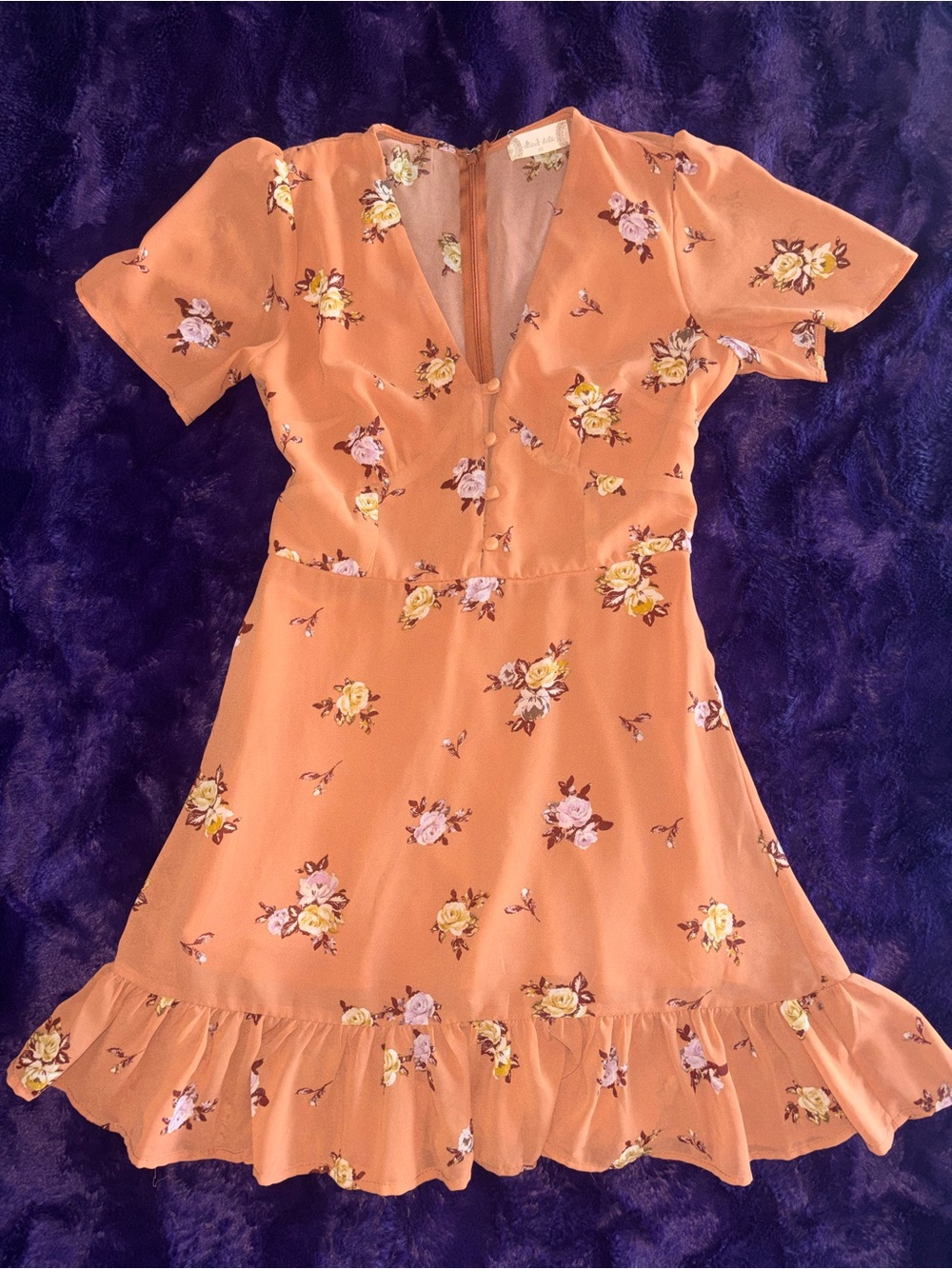 Altar'd State Peach Floral V-Neck Ruffle Mini Dress